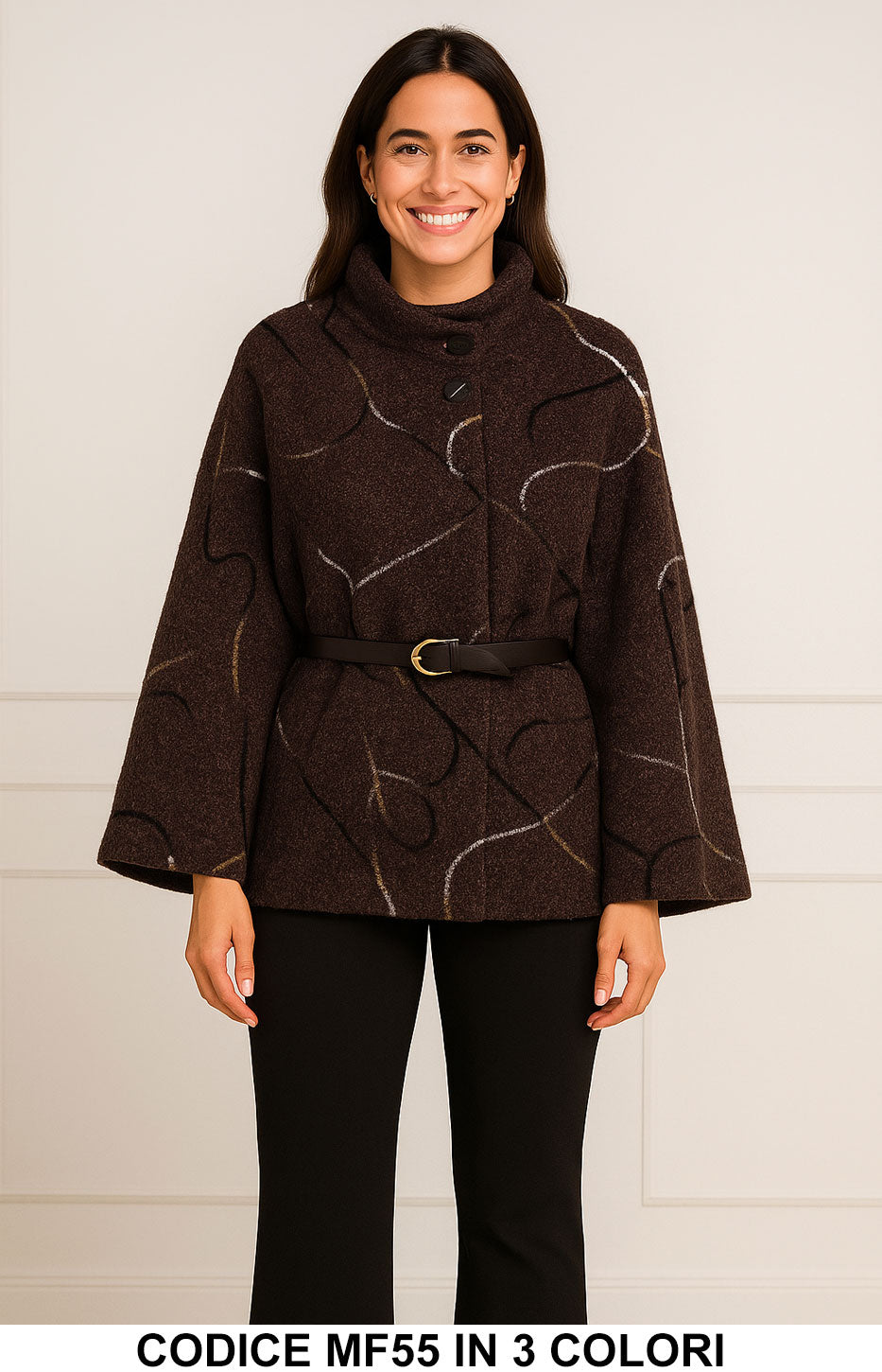 Giacca fantasia con cintura e collo alto in 3 colori – MF55