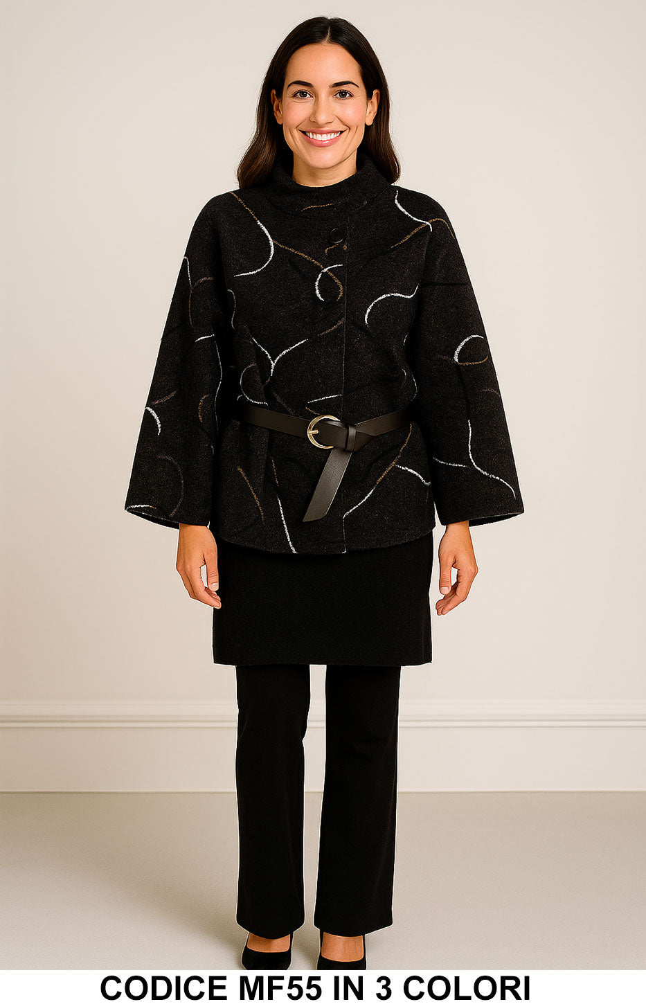Giacca fantasia con cintura e collo alto in 3 colori – MF55