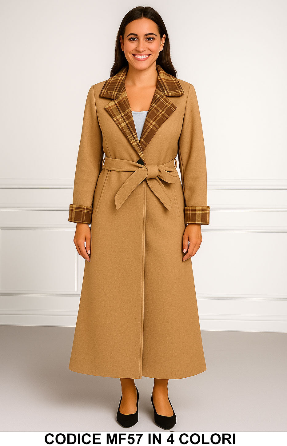 Cappotto lungo con revers scozzesi e cintura in 4 colori – MF57