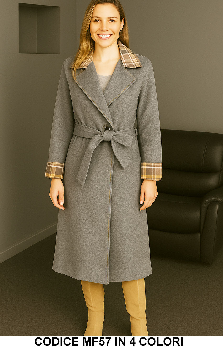 Cappotto lungo con revers scozzesi e cintura in 4 colori – MF57