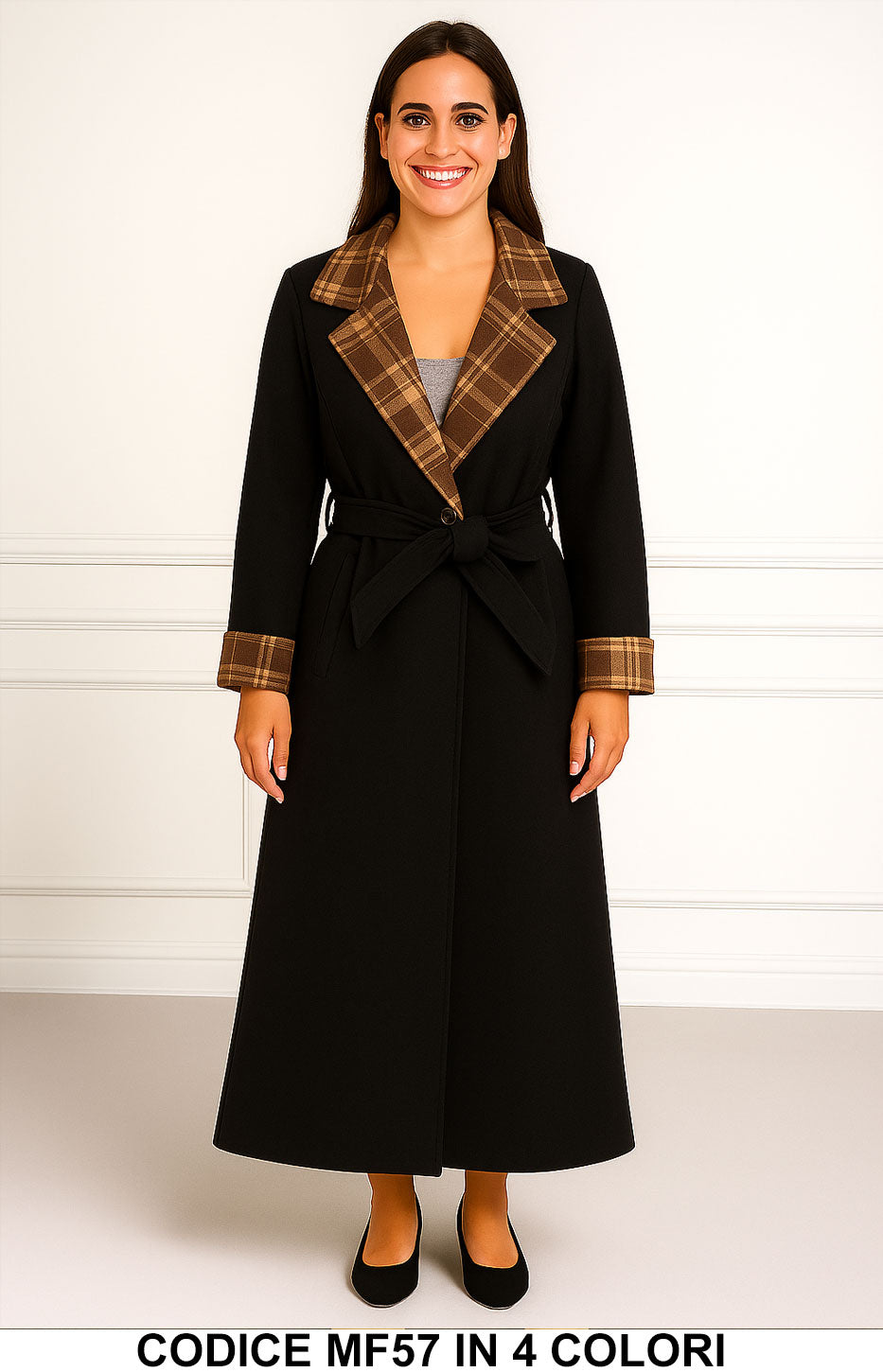 Cappotto lungo con revers scozzesi e cintura in 4 colori – MF57