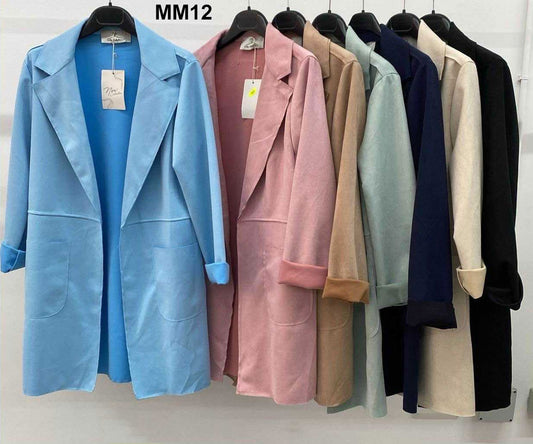 Giacca Lunga Capospalla Donna Elegante Polsino con Risvolto Cappottino con Collo Blazer in Celeste - MM12