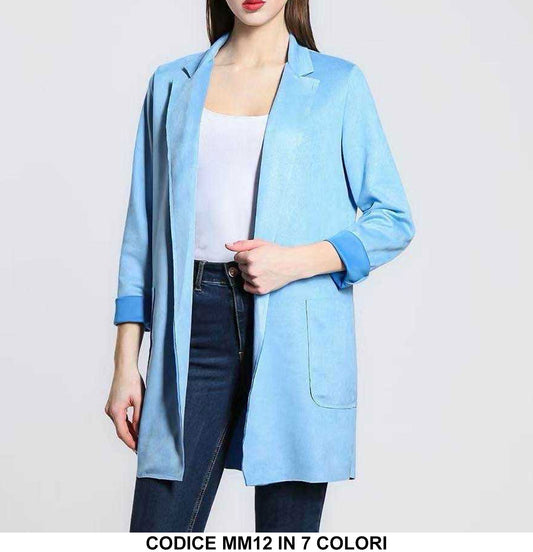 Giacca Lunga Capospalla Donna Elegante Polsino con Risvolto Cappottino con Collo Blazer in Celeste - MM12