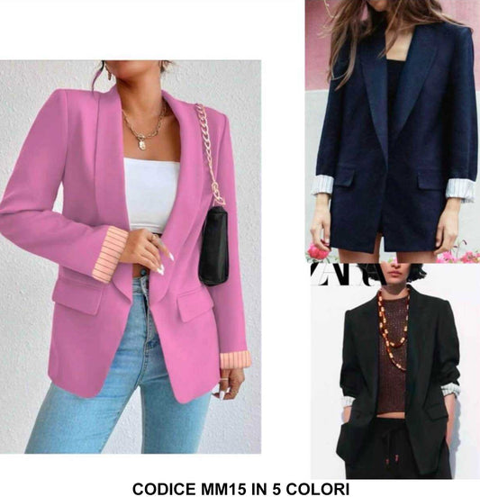 Giacca Casual Donna Collo Dritto Fodera interna e Risvolti Polsino con Righini Blazer Elegante in 5 Colori - MM15