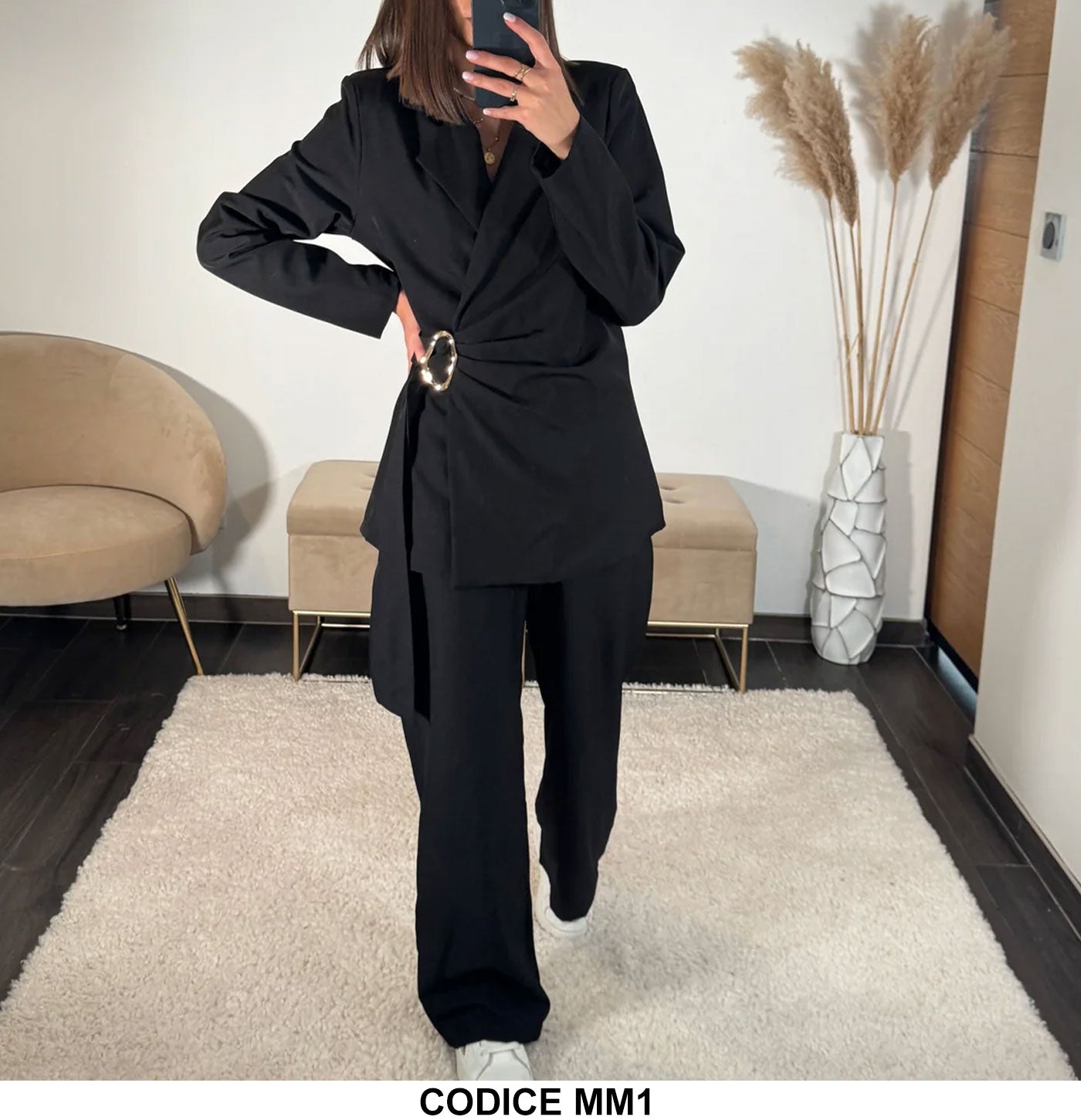 Tailleur Completo Nero Giacca ad Incrocio Chiusura Gioiello Pantalone Palazzo Coordinato Elegante in 6 Colori - MM1