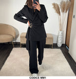 Tailleur Completo Nero Giacca ad Incrocio Chiusura Gioiello Pantalone Palazzo Coordinato Elegante in 6 Colori - MM1