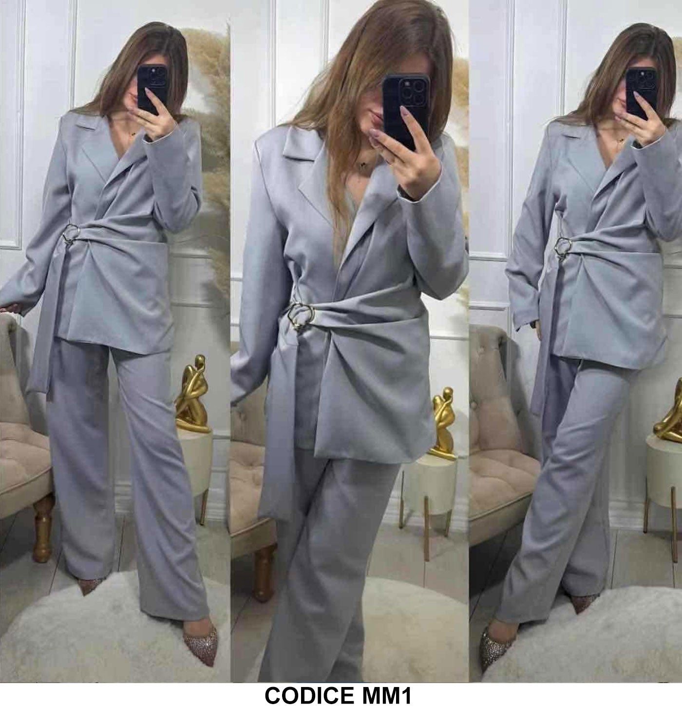 Tailleur Completo Nero Giacca ad Incrocio Chiusura Gioiello Pantalone Palazzo Coordinato Elegante in 6 Colori - MM1