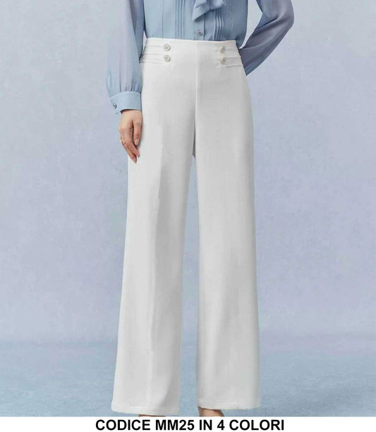 Pantalone Donna a Palazzo Elegante 4 Bottoni Gioiello in Vita Pantaloni Casual Ragazza in 4 Colori - MM25