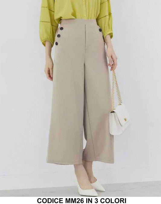 Pantalone Donna a Palazzo Elegante con Bottoni Modello Capri Pantaloni Casual Ragazza in 3 Colori - MM26
