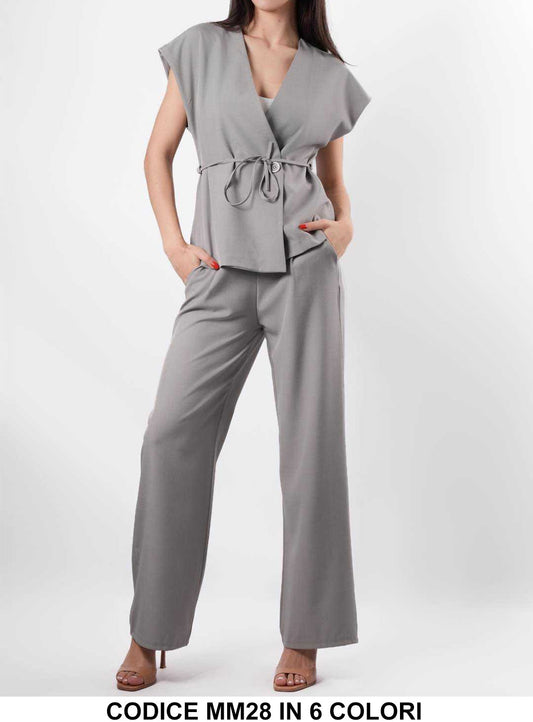 Completo Maglia Gilet Manica Corta con Cintura Pantaloni Palazzo Coordinato Elegante in 6 Colori - MM28
