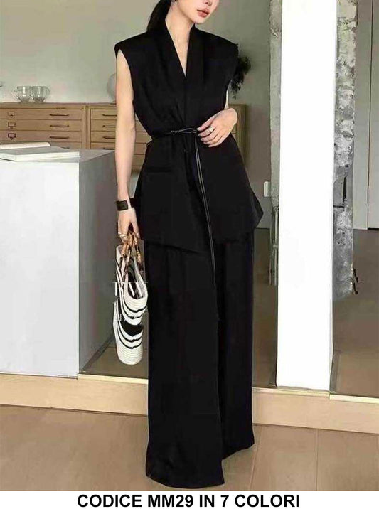Completo Maglia Gilet Collo Elegante con Cintura Pantaloni Palazzo Coordinato Elegante in 7 Colori - MM29