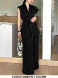 Completo Maglia Gilet Collo Elegante con Cintura Pantaloni Palazzo Coordinato Elegante in 7 Colori - MM29