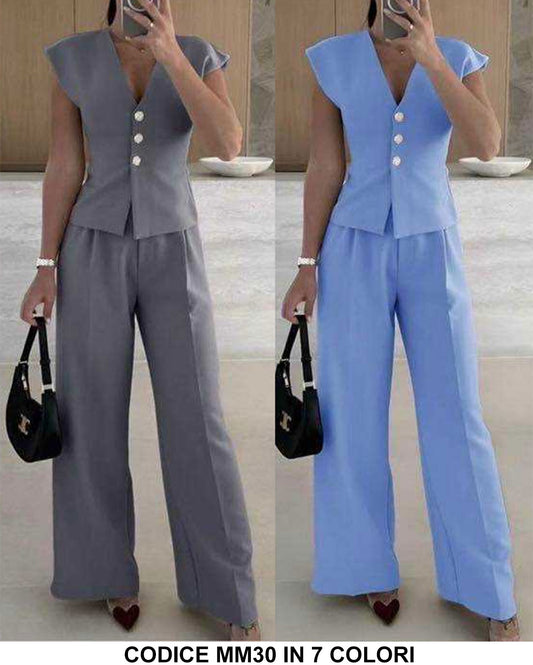 Completo Tailleur Elegante Maglia Gilet Bottoni Gioiello Pantalone Palazzo Coordinato Casual in 7 Colori - MM30