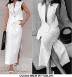 Completo Tailleur Giacca Smanicata Asimmetrica Bottone Gioiello Gonna Lunga Cargo con Spacco Coordinato in 7 Colori - MM31