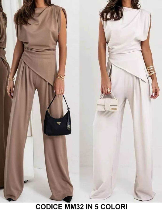 Completo Maglia Asimmetrica Lunga Smanicata Pantalone Palazzo Coordinato Elegante in 5 Colori - MM32