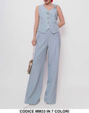 Completo Maglia Gilet Spallina Gioiello Pantaloni Palazzo Coordinato Tailleur Elegante Casual in 7 Colori - MM33