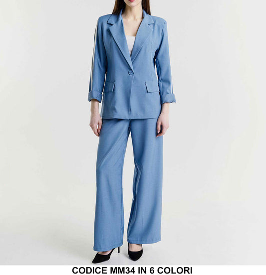 Tailleur Completo Giacca e Pantalone Palazzo Righe Bianche Verticali Coordinato Elegante Casual in 6 Colori - MM34