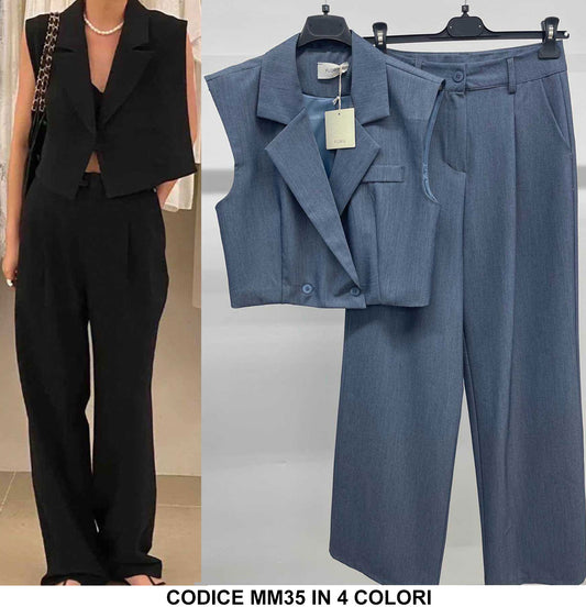 Completo Giacca Gilet Corta Smanicata Pantalone Palazzo Coordinato Tailleur Elegante in 4 Colori - MM35