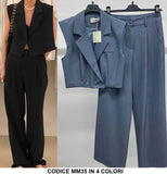 Completo Giacca Gilet Corta Smanicata Pantalone Palazzo Coordinato Tailleur Elegante in 4 Colori - MM35