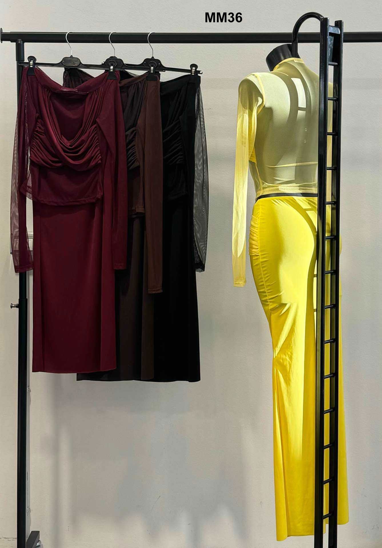 Completo Elegante Serata Maglia Manica Lunga Gonna Lunga Coordinato Aderente Effetto Velato in 4 Colori - MM36