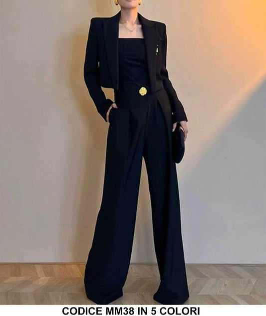 Completo Tailleur Giacca Pantalone Palazzo Bottone Oro Gioiello Forma Fiore Coordinato Elegante in 5 Colori - MM38