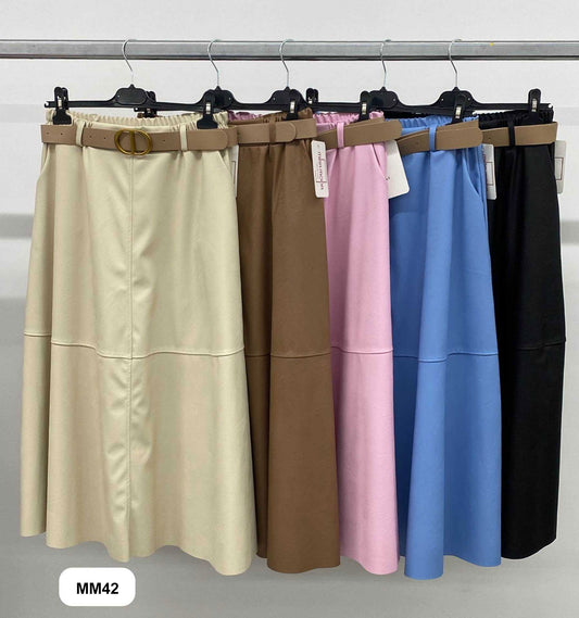 Gonna Lunga Midi alla Caviglia in eco Pelle con Cntura Gonne Donna Ragazza in 5 Colori - MM42