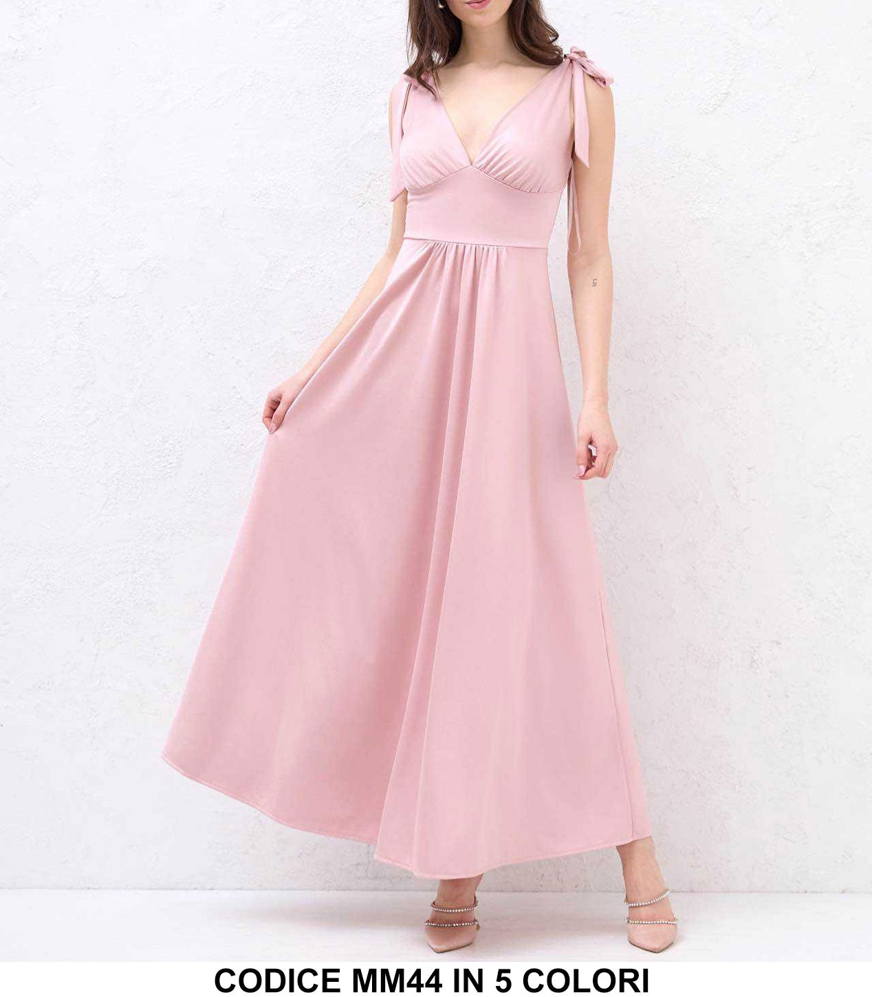 Abito Lungo Elegante Cerimonia Evento Bretelle con Fiocchetto Vestito Casual Serata in 5 Colori - MM44