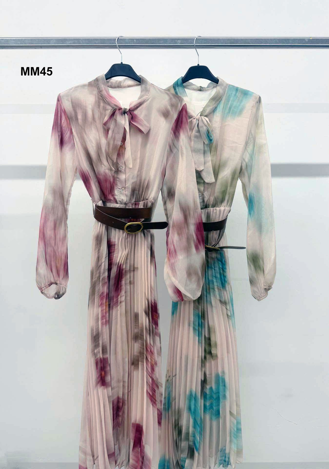 Abito Lungo Colorato Elegante Casual con Foulard Manica Sbuffo Gonna Plissettata Vestito Cintura in 2 Colori - MM45