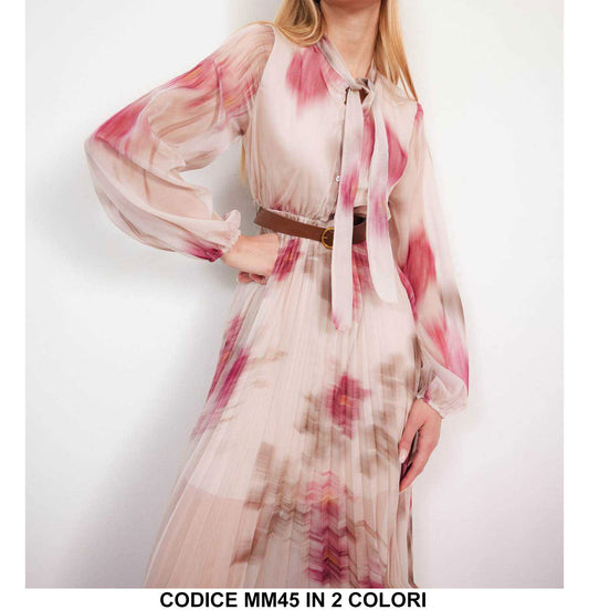 Abito Lungo Colorato Elegante Casual con Foulard Manica Sbuffo Gonna Plissettata Vestito Cintura in 2 Colori - MM45