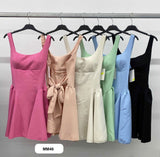 Abito Corto Minidress Scollo Dritto Gonna con Pieghe Fiocco Posteriore Vestito Casual Sensuale in 6 Colori - MM46