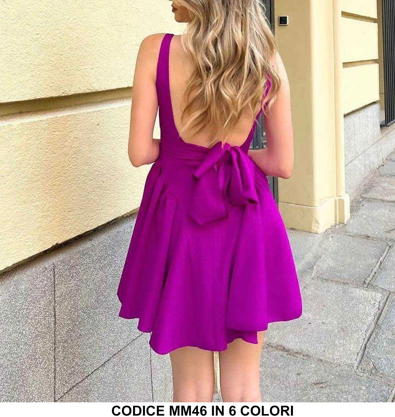 Abito Corto Minidress Scollo Dritto Gonna con Pieghe Fiocco Posteriore Vestito Casual Sensuale in 6 Colori - MM46