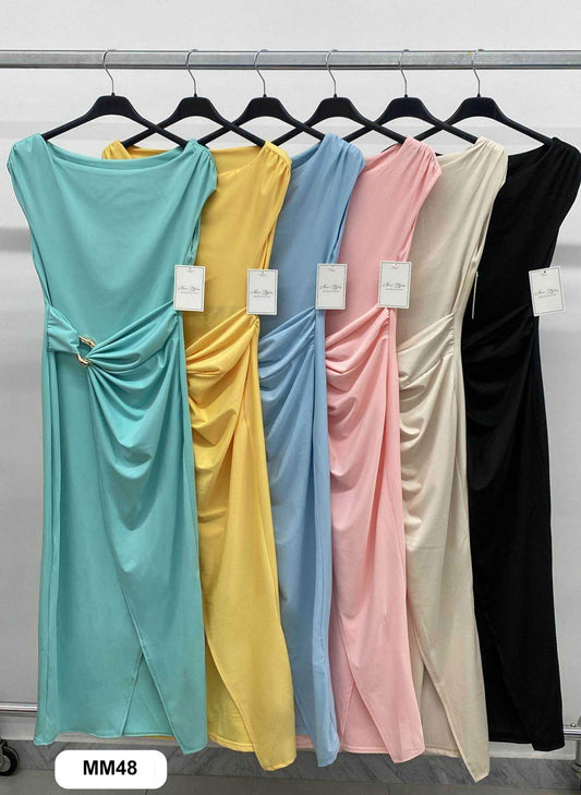 Abito Lungo Elegante Nodo in Vita ad Incrocio Vestito Smanicato Serata in 6 Colori - MM48
