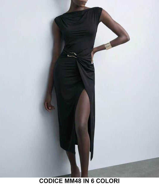 Abito Lungo Elegante Nodo in Vita ad Incrocio Vestito Smanicato Serata in 6 Colori - MM48