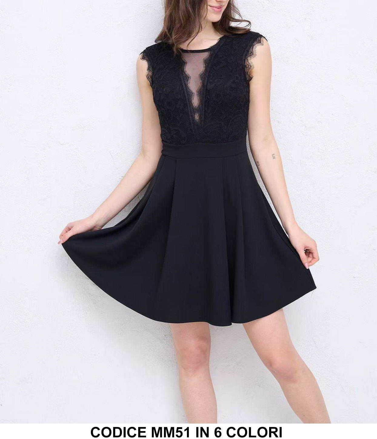 Abito Corto Elegante Corpetto in Merletto Pizzo Smanicato Vestito Cerimonia Casual in 6 Colori - MM51