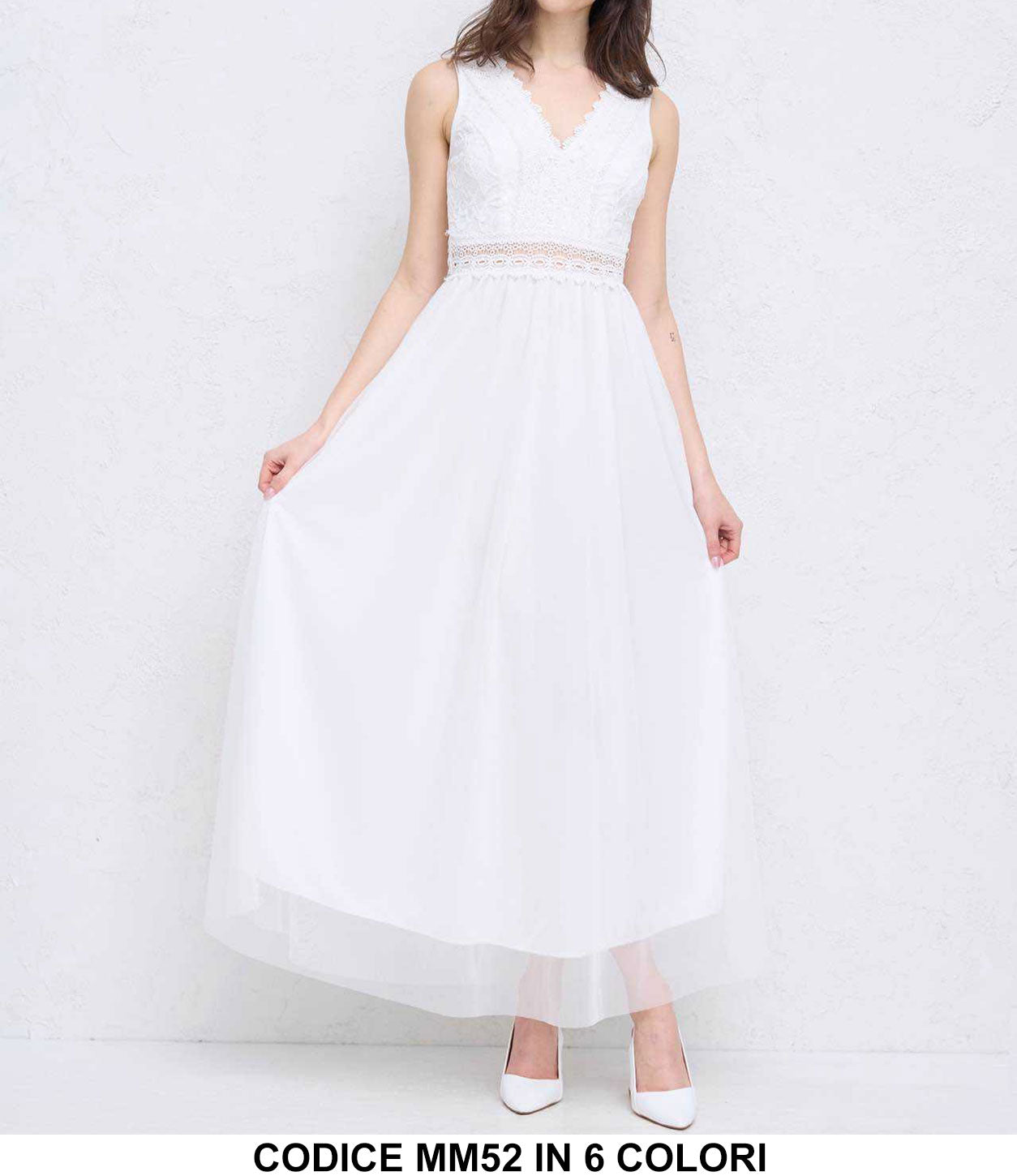 Abito Lungo Elegante Corpetto in Merletto Pizzo Smanicato Vestito Cerimonia Casual in 6 Colori - MM52