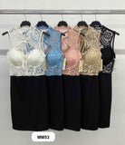 Abito Corto Elegante Bicolore Corpetto Merletto Pizzo Vestito Serata Evento Cerimonia in 5 Colori - MM53
