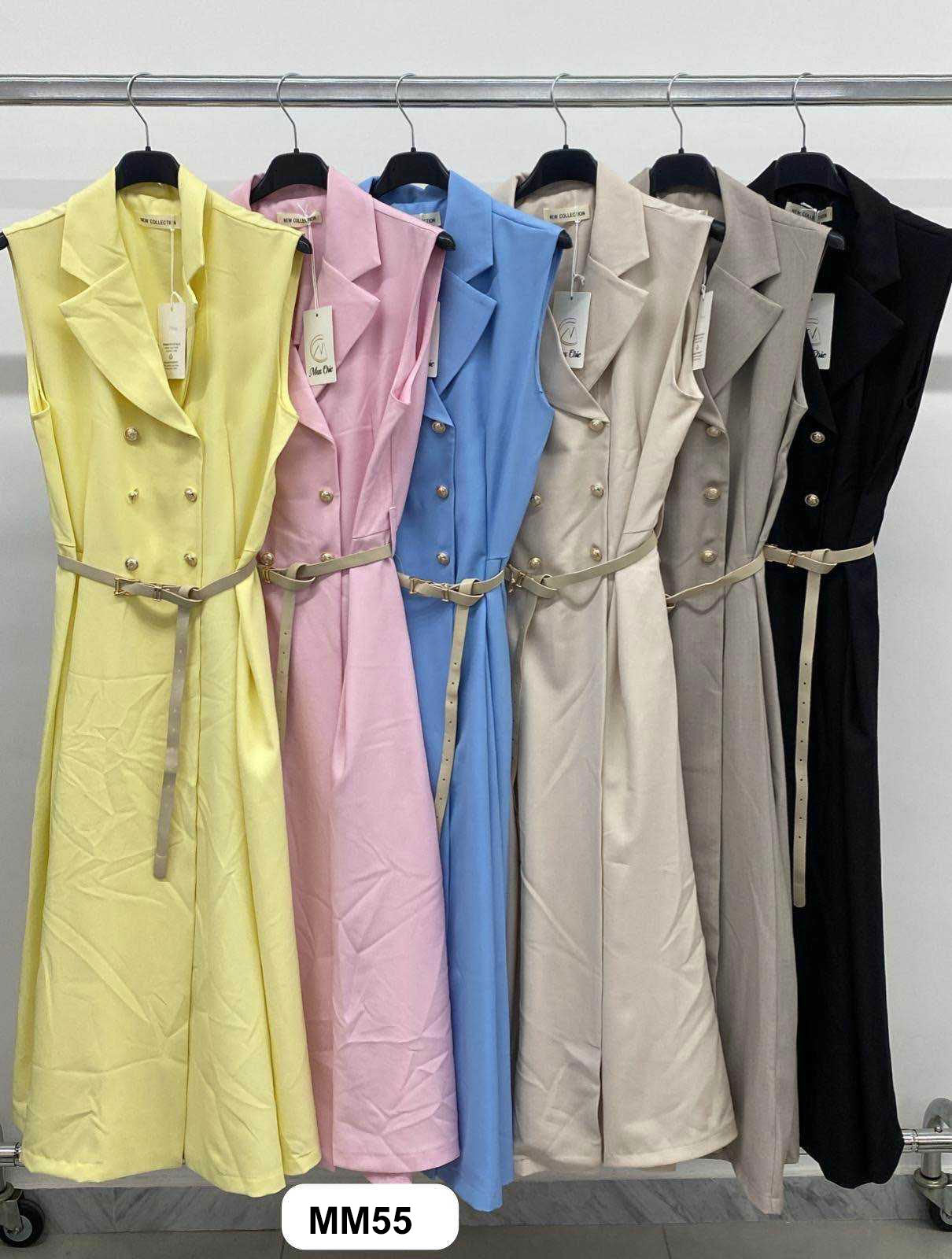 Abito Lungo Smanicato Casual Bottoni Dorati gioiello Vestito Collo Elegante Chemisier in 6 Colori - MM55