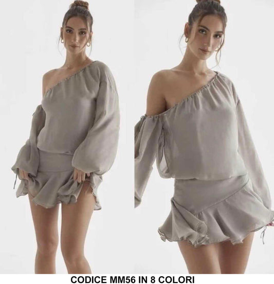 Abito Corto Casual Minidress Monospalla Gonna a Balza Vestito Serata Manica Lunga in 8 Colori - MM56