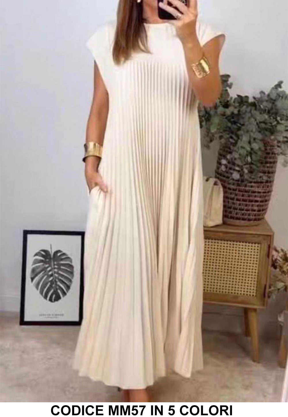 Abito Lungo Casual Plissettato con Pieghe Vestito Serata Smanicato Tinta Unita in 5 Colori - MM57