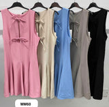 Abito Corto Minidress Smanicato Fiocchi Posteriori Gonna con Pieghe Vestito Casual Serata in 5 Colori - MM60