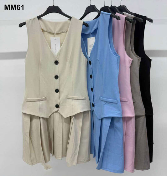 Abito Corto Smanicato Effetto Gilet con Bottoni Gonna Plissettata Vestito Casual Serata in 5 Colori - MM61