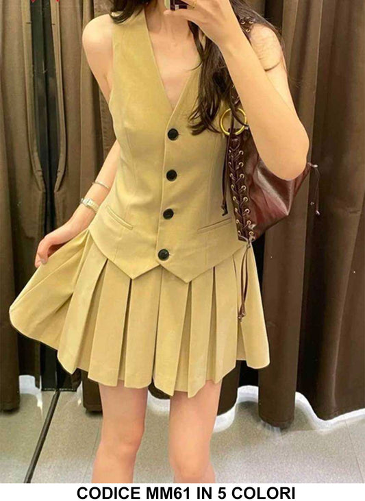 Abito Corto Smanicato Effetto Gilet con Bottoni Gonna Plissettata Vestito Casual Serata in 5 Colori - MM61
