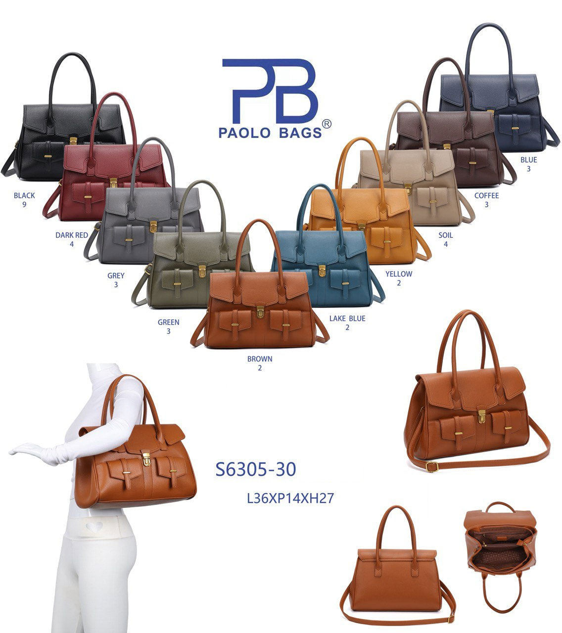 Borsa a mano in ecopelle con doppie tasche frontali e tracolla regolabile in 10 colori – S6305-30