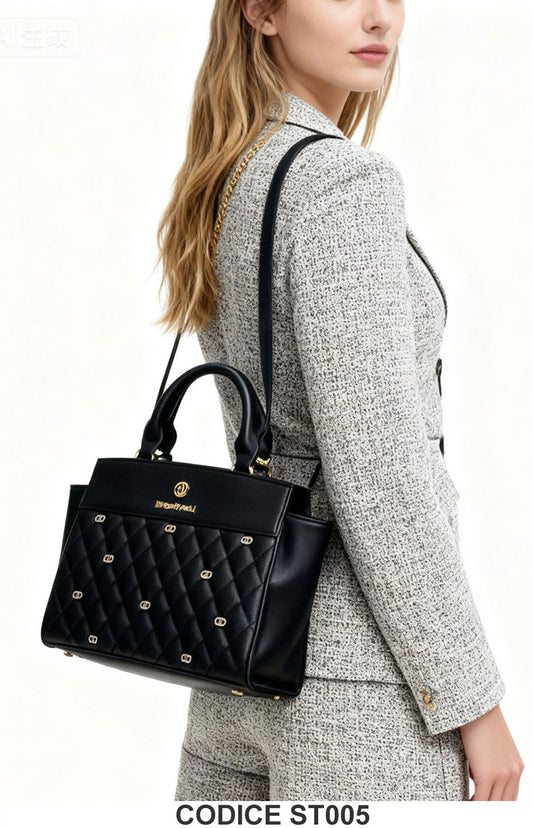 Borsa a mano nera trapuntata con dettagli dorati Elegante Laura Biaggiotti – ST005