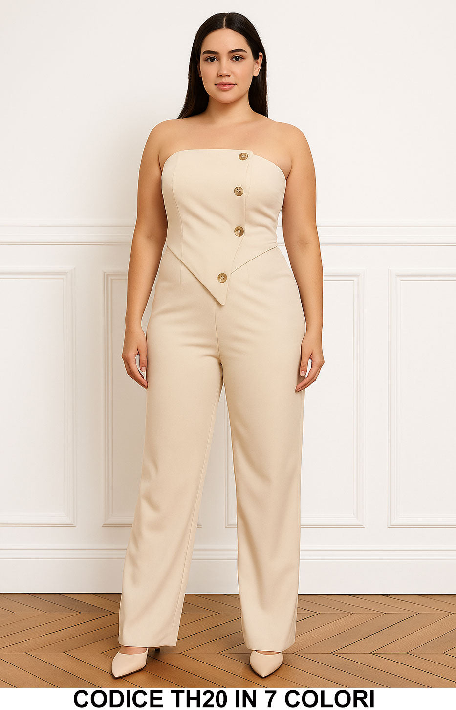 Tuta Intera Pantalone Palazzo Jumpsuit Elegante con Bottoni Asimmetrici Gioiello in 7 Colori – TH20