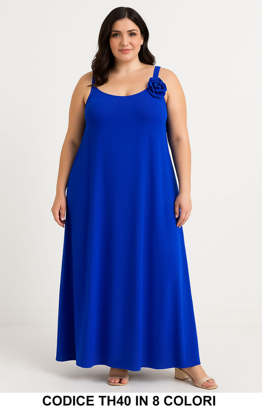Abito Lungo Curvy con Spalline e Fiore Decorativo Vestito Elegante Taglie Forti in 8 Colori – TH40
