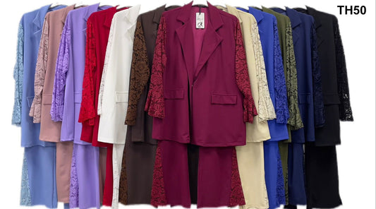 Tailleur curvy con giacca maniche in pizzo e pantalone Completo Taglie Forti Elegante in 12 colori – TH50