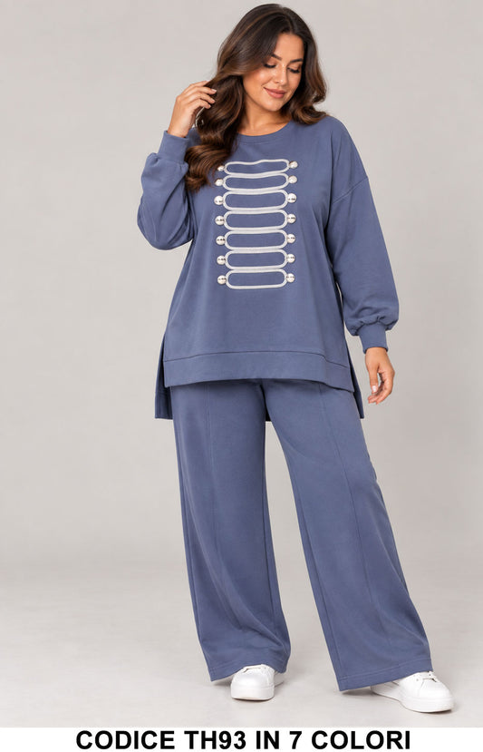 Completo Curvy Donna con Maxi Felpa Gioiello e Pantalone Palazzo Tuta Taglie Forti in 7 Colori – TH93