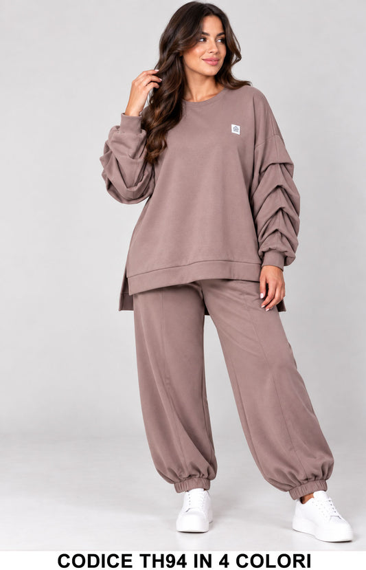 Completo Curvy Donna con Felpa Maniche Drappeggiate e Pantalone Jogger Tuta Taglie Forti in 4 Colori – TH94