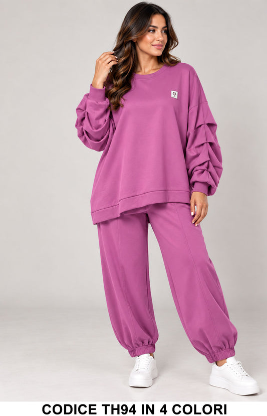 Completo Curvy Donna con Felpa Maniche Drappeggiate e Pantalone Jogger Tuta Taglie Forti in 4 Colori – TH94